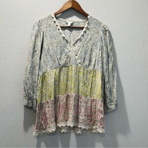 Cato Women’s Longe Sleeve Blouse V-Neck Floral Lace Boho Peasant Color Block M